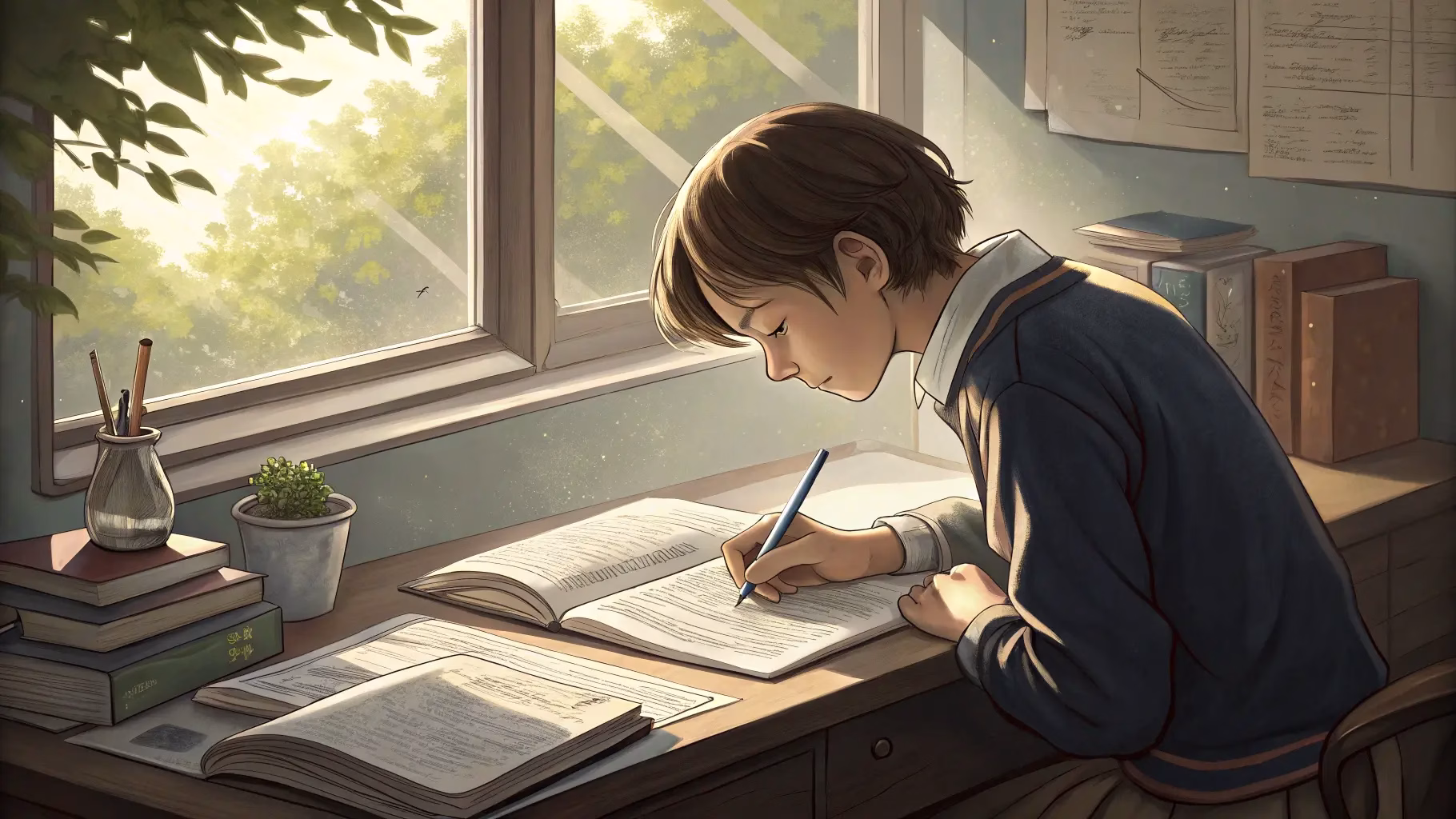 Student learning difficult English words with meanings using notebook and highlighting