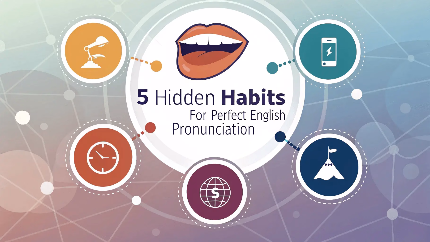 Feature image showing the 5 hidden habits for mastering English pronunciation practice with visual icons and confident speaker