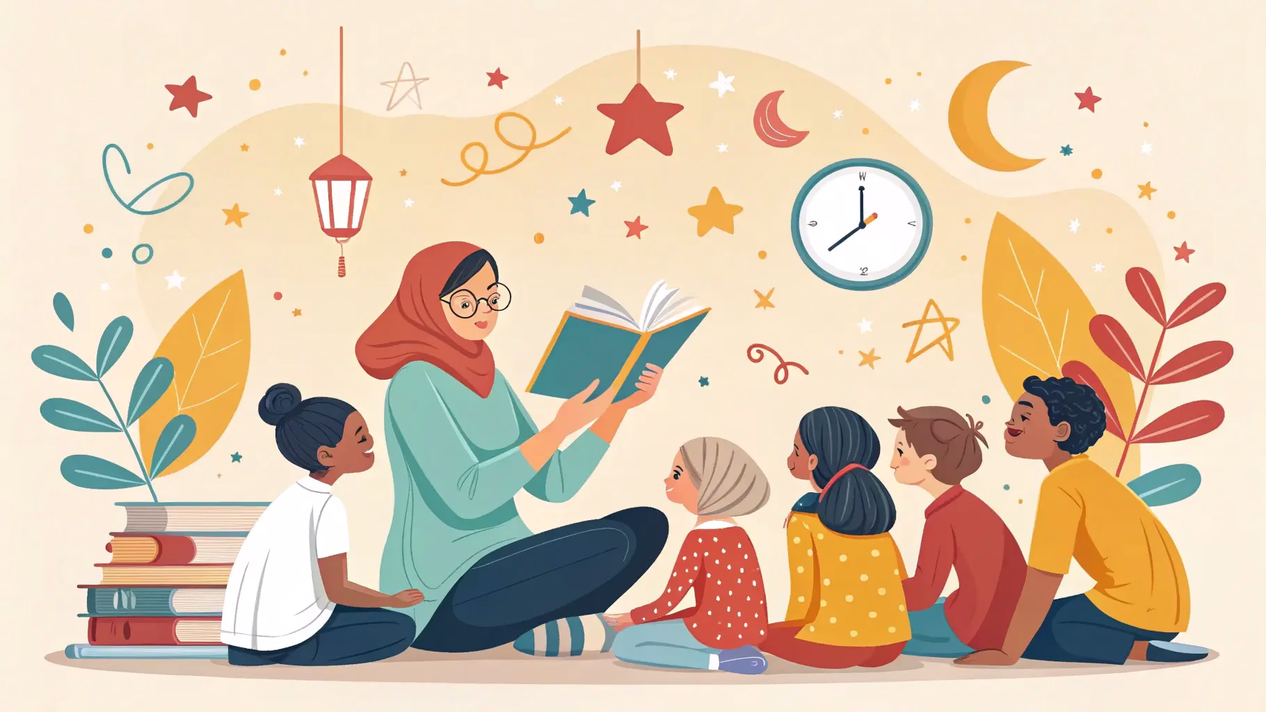 Person telling stories in English with visual storytelling elements and techniques illustrated around them