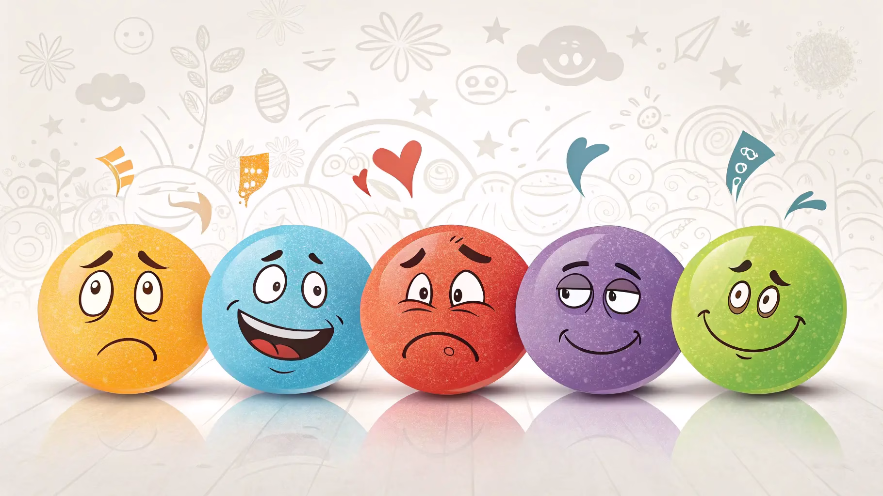 Emotion Faces for English Storytelling Exercises Row of emotion faces showing different feelings for narrative skills in English practice