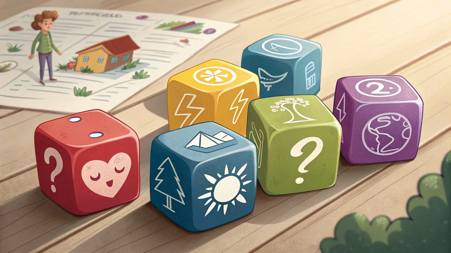 Story Dice Game for English Storytelling Practice Colorful story dice with symbols for creative storytelling exercises for ESL students